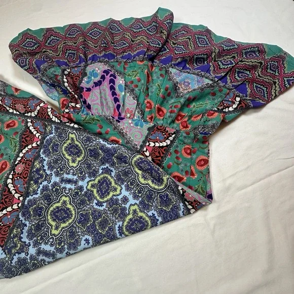 Umgee Patchwork Wide Legs Ruffle Hem Boho Festival Hippie Women's Pants Size M - Picture 3 of 12